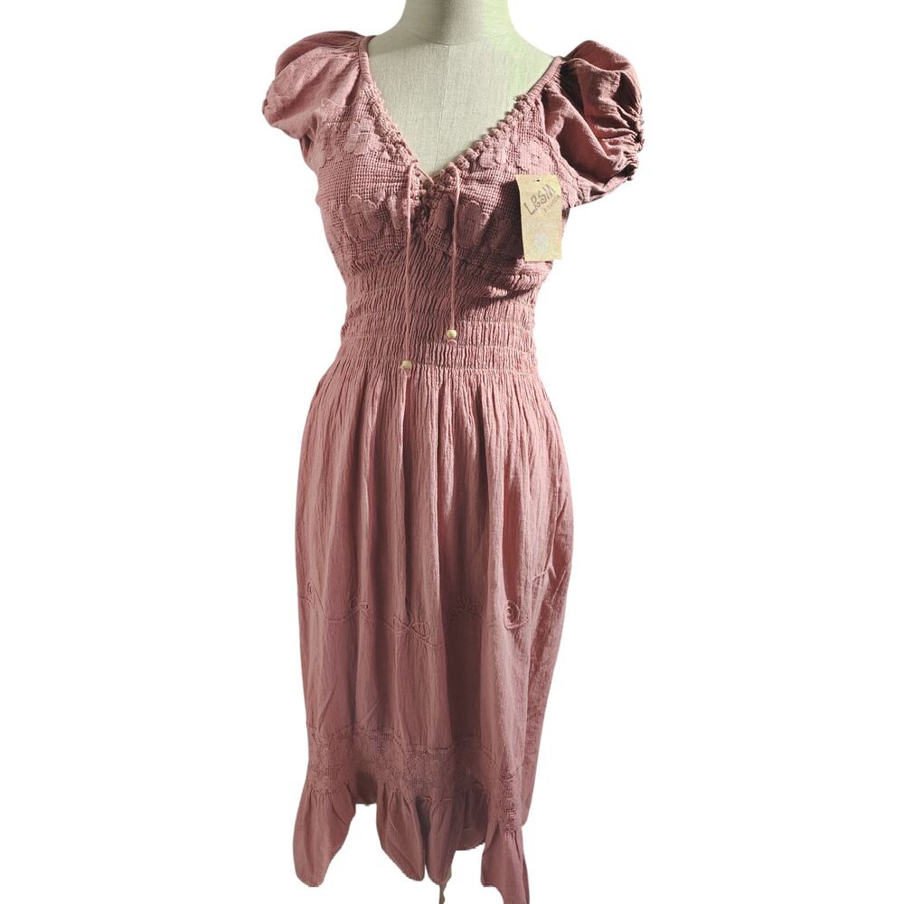 LRSM Fashion Dusty Rose Boho Midi Dress Smocked Puff Sleeve 100% Cotton XS/S - Picture 2 of 5